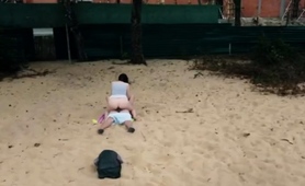 Beach Voyeur Filming Brunette Teen Riding Boyfriend's Cock